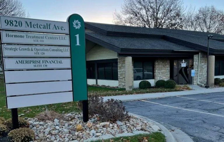 Exterior of Hormone Treatment Centers of Kansas City located at 9820 Metcalf Ave, Overland Park, KS — modern, patient-focused hormone therapy clinic.