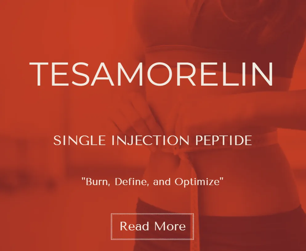 Tesamorelin single injection peptide graphic featuring a person measuring their waist, with the tagline ‘Burn, Define, and Optimize.