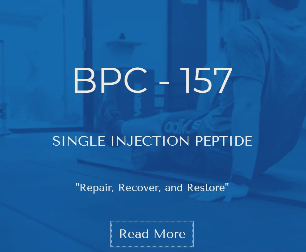 BPC-157 single injection peptide graphic featuring an athlete stretching, with the tagline ‘Repair, Recover, and Restore.