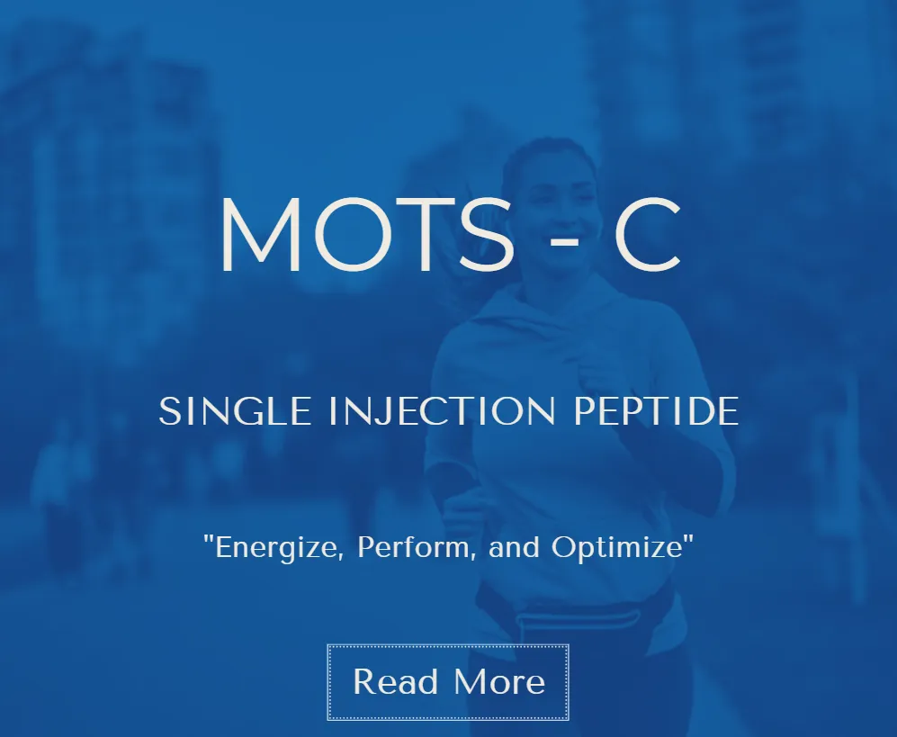 MOTS-C single injection peptide graphic featuring a woman running outdoors, with the tagline ‘Energize, Perform, and Optimize.