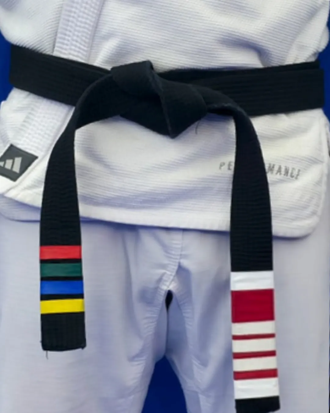 Image of a bjiu jitsu black belt with the additional stripes from the Educational Stripes System.