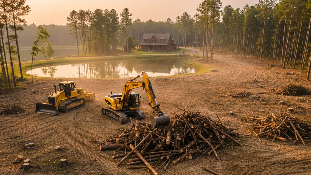 Half-cleared land with pine trees and red Georgia soil exposed
