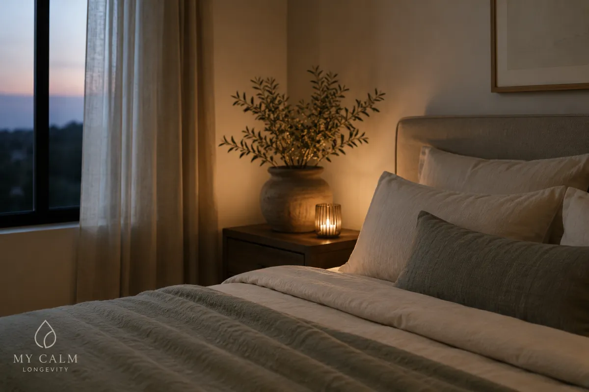 Quiet bedroom in soft evening light.