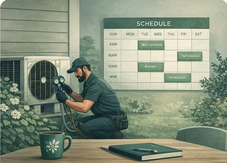 HVAC technician servicing an outdoor AC unit with a weekly service schedule in the background
