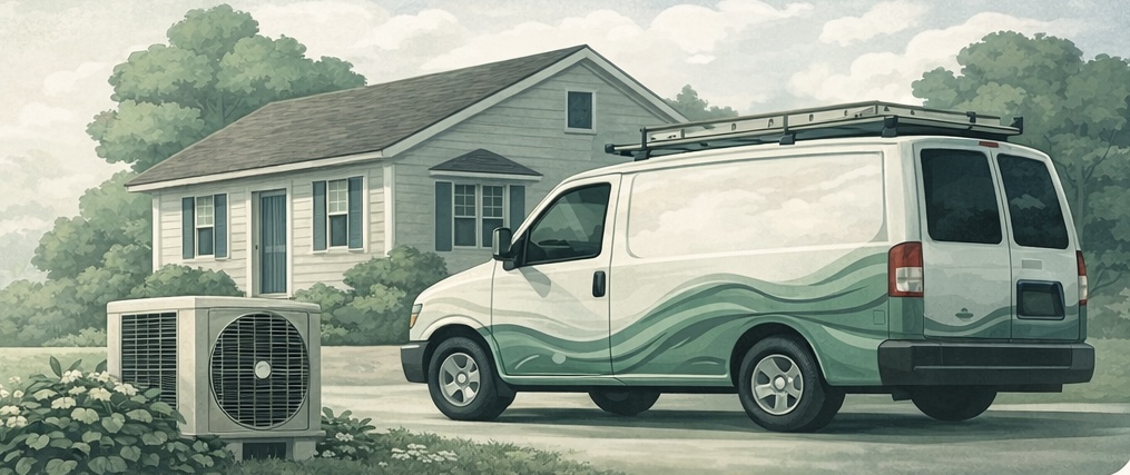 HVAC service van parked outside a home with an outdoor air conditioning unit ready for residential service
