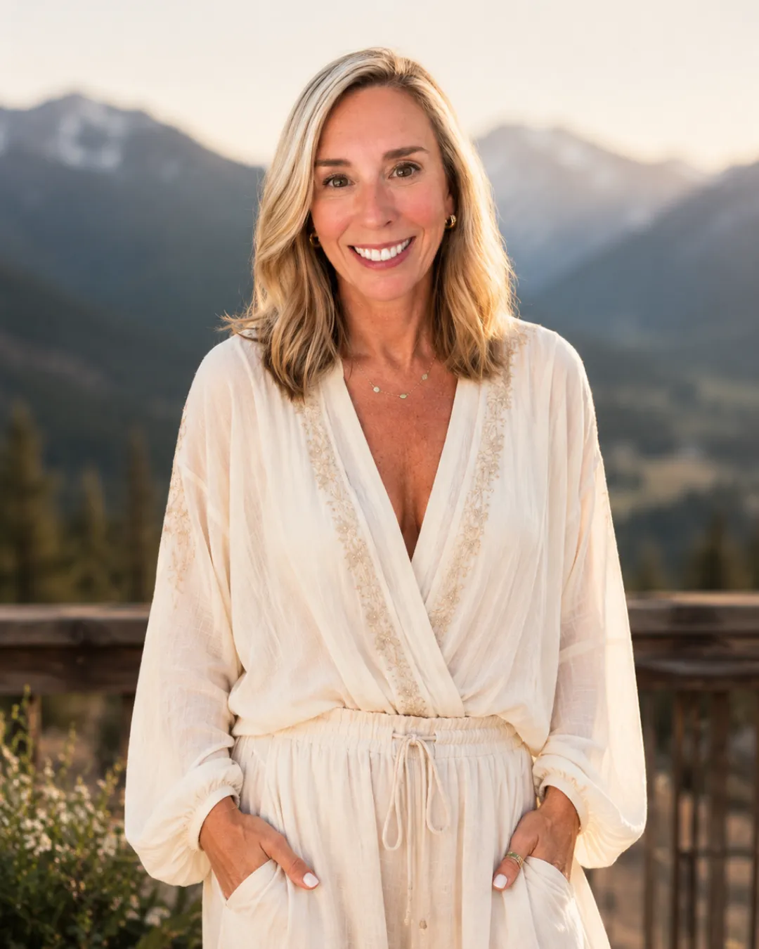 Editorial portrait of Elysia Moreno in soft linen, holding warm, authoritative presence