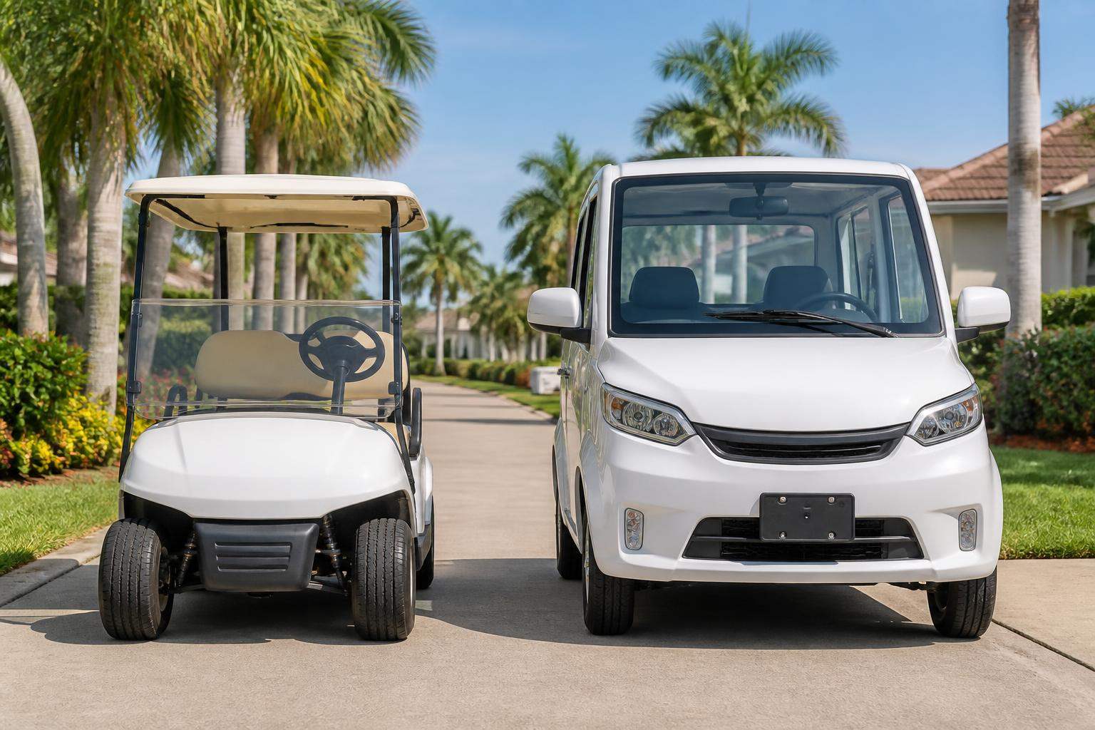 Standard golf cart beside a street-legal low-speed vehicle on a Florida cart path