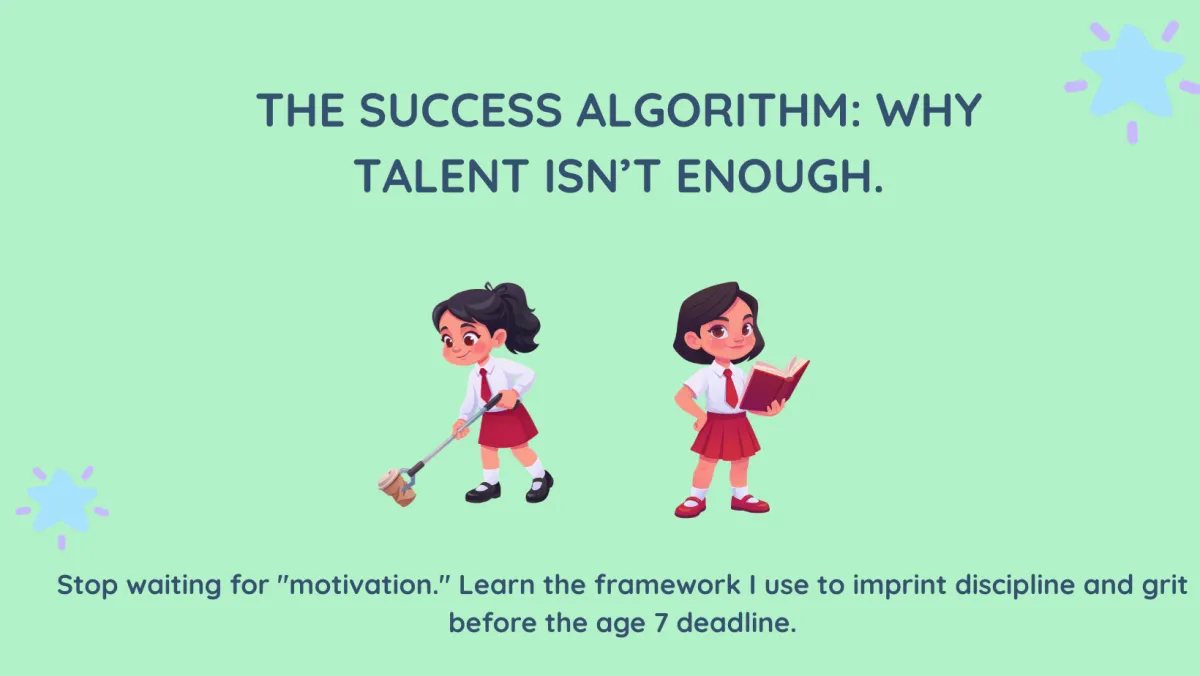 A minimalist, editorial-style photograph of a young child focused intently on a small task, representing the 'Success Algorithm' and the transition from emotion-led behavior to disciplined action before the age 7 deadline.