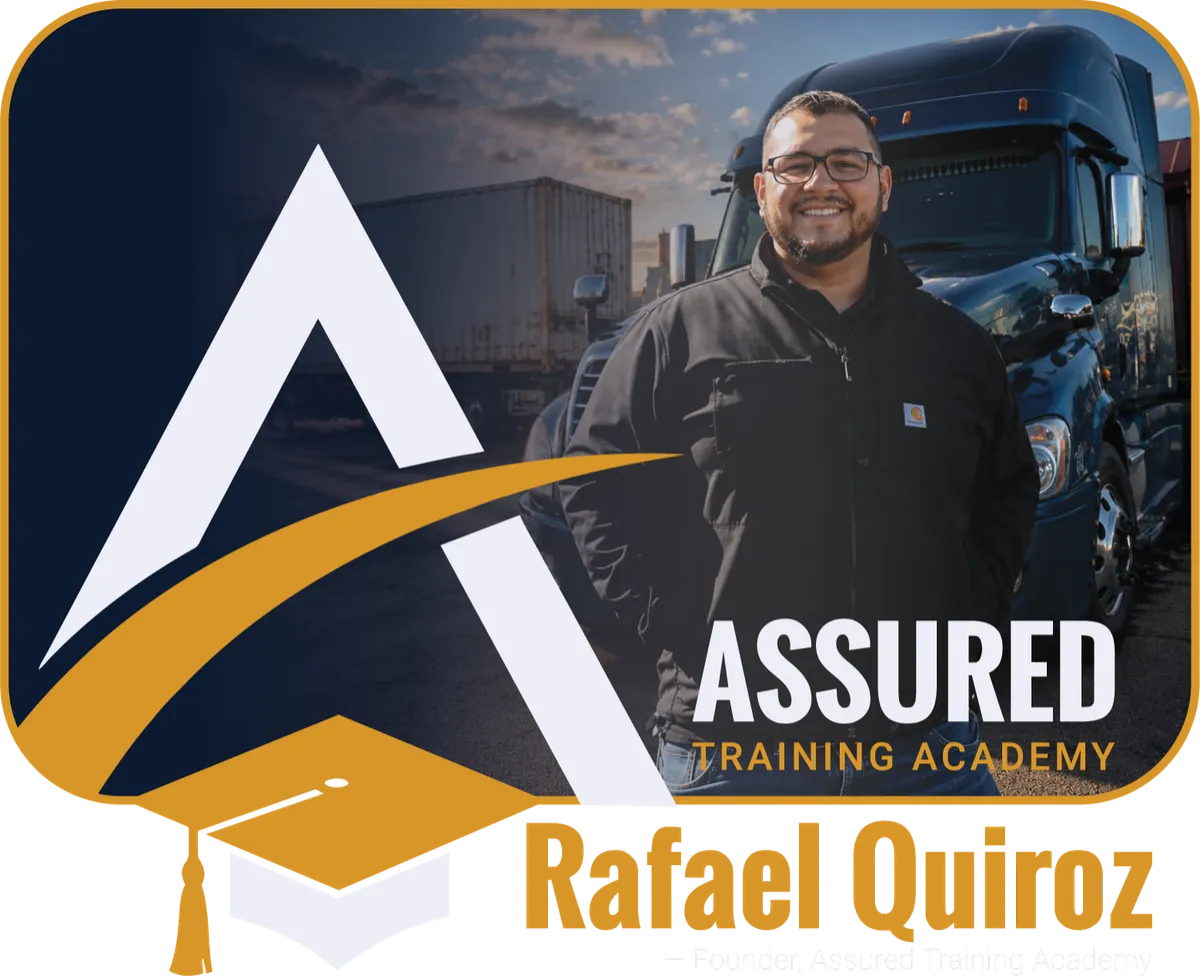 Graphic featuring a man smiling in front of a blue semi-truck, overlaid with a large 'A' logo, a graduation cap, and 'Rafael Quiroz - Founder, Assured Training Academy' text.