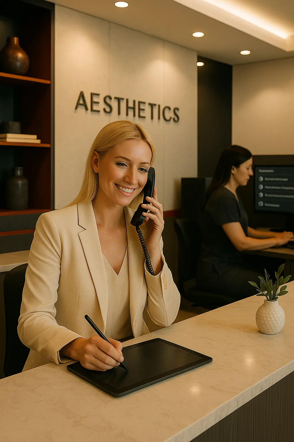 Friendly front-desk staff member at an aesthetic clinic reception assisting a patient.