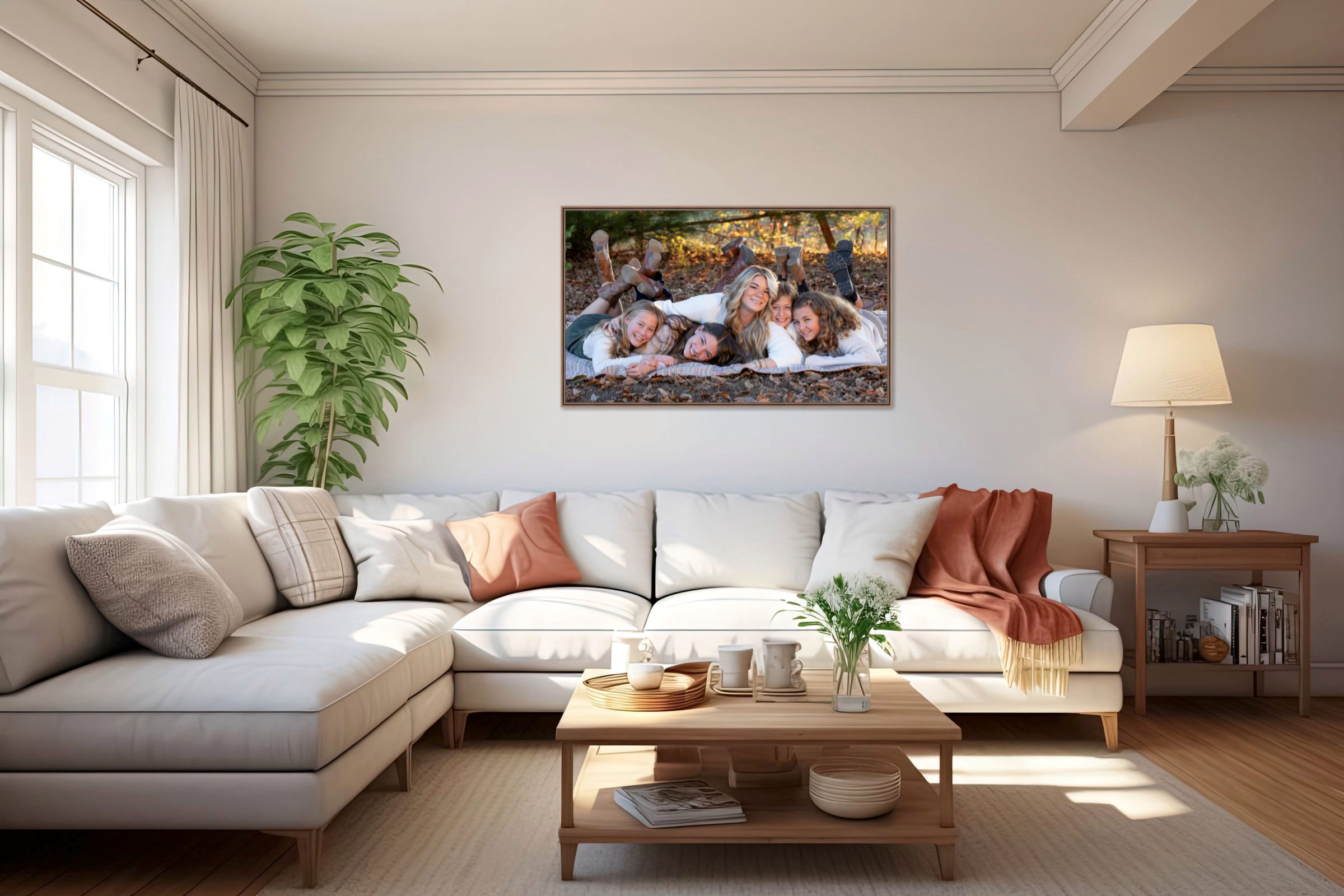 Aunt and nieces portrait displayed as wall art in a living room, featuring an outdoor fall session with them lying on a blanket in autumn leaves in Illinois