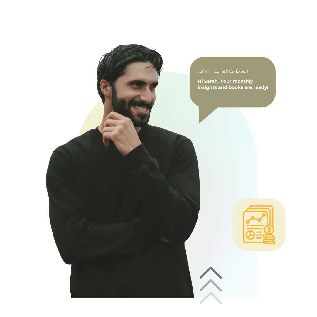 white man smiling with icon with holistic approach and message bumble.