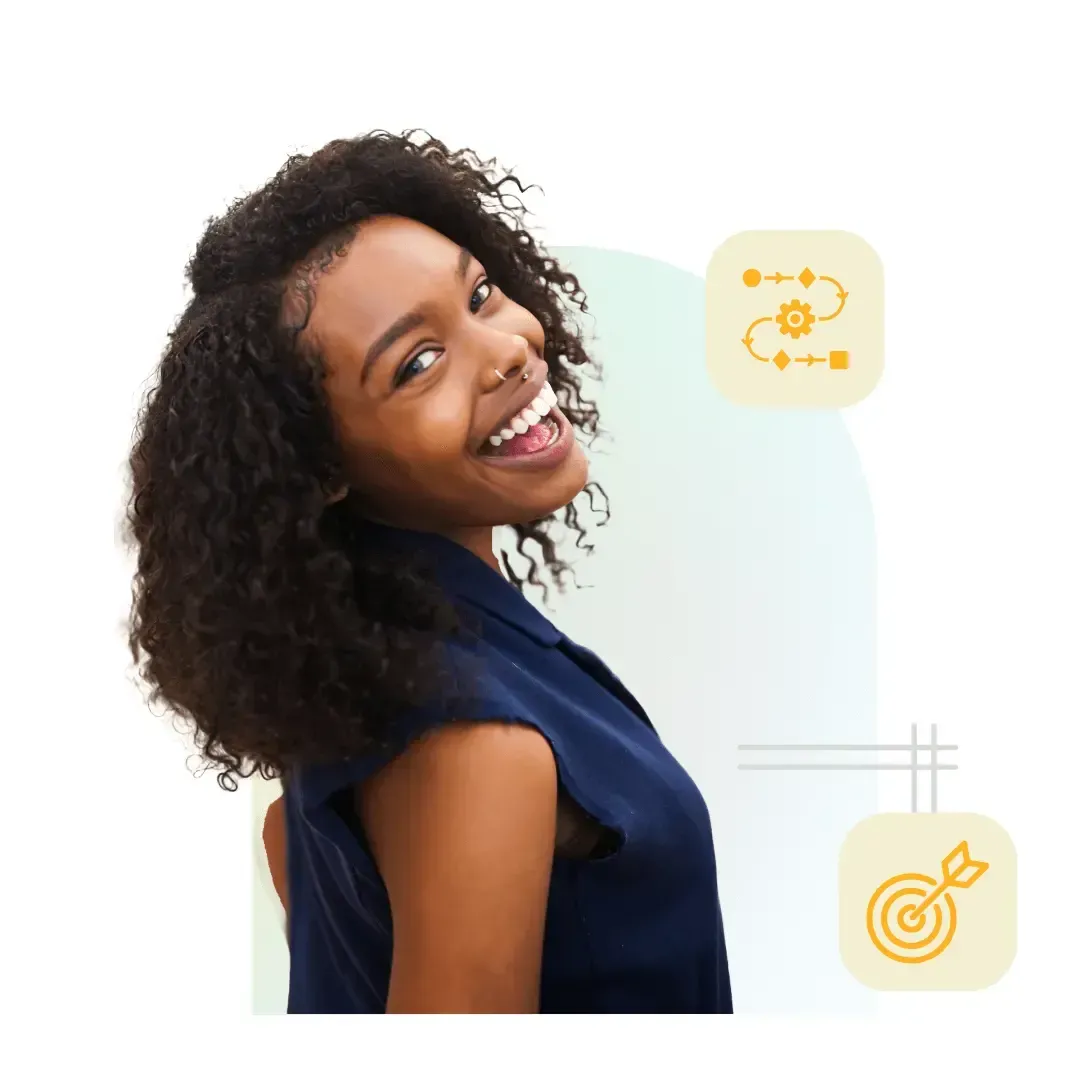 black lady smiling with icons around targets and tailored expertise