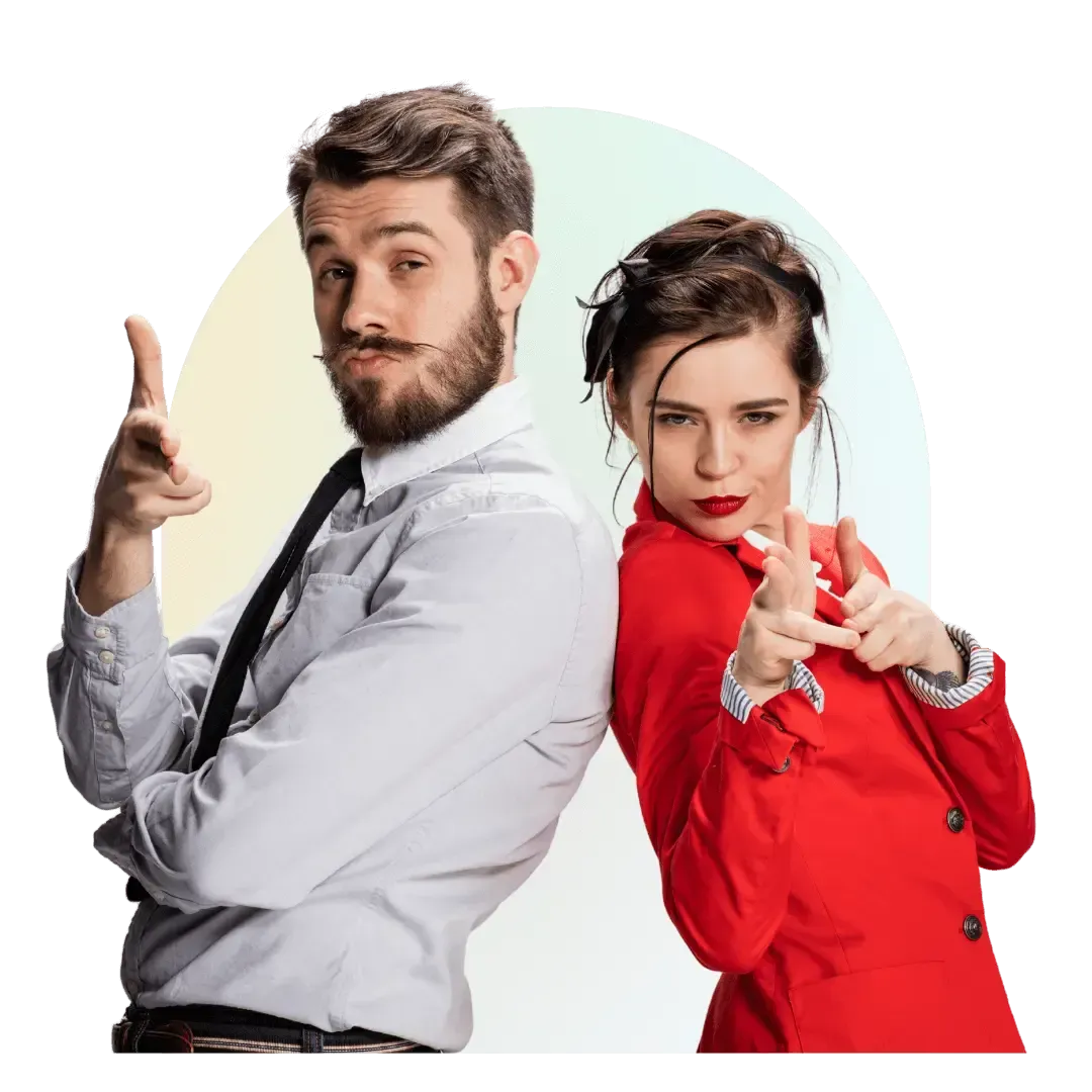 man and woman poiting