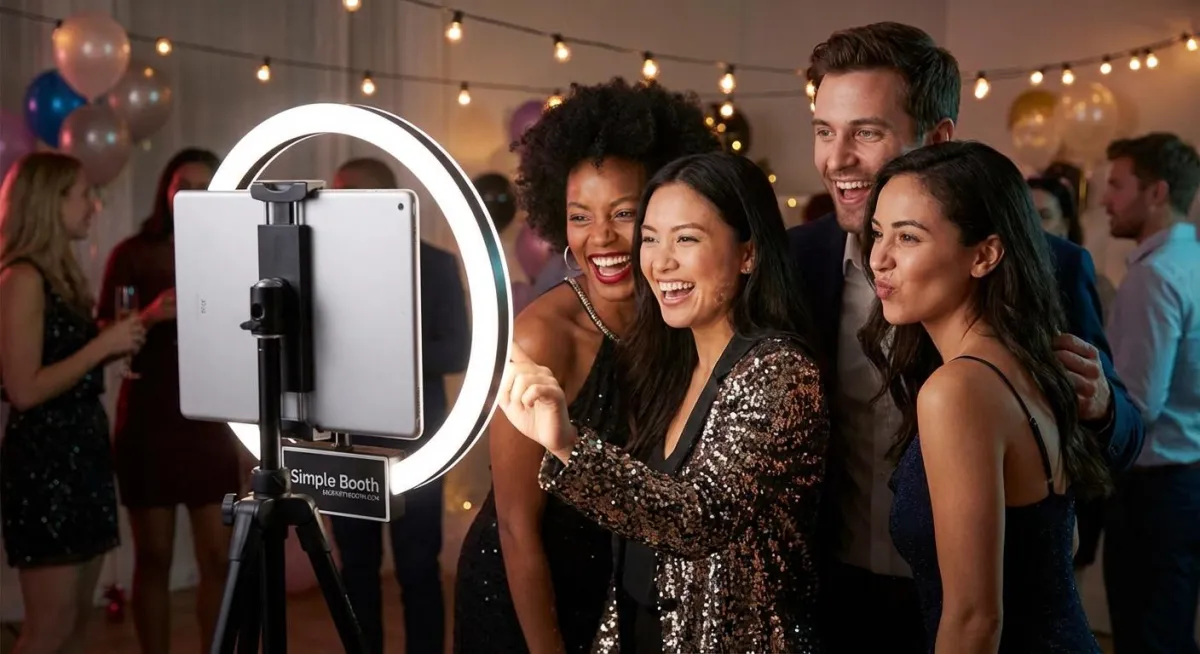 Wedding guests laughing in front of a digital photo booth screen