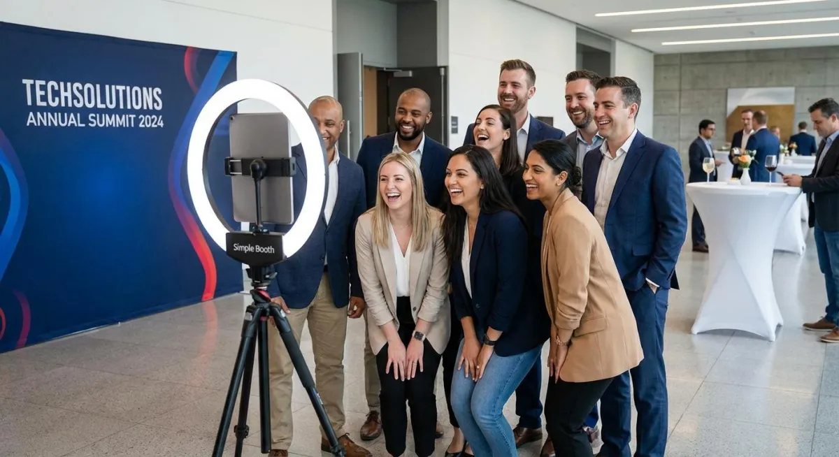 Friends posing for a colorful digital photo booth selfie