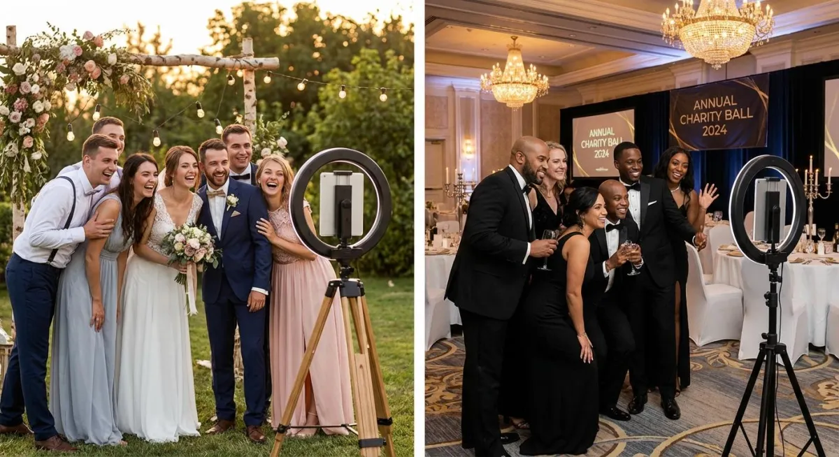 Guests taking fun selfies at a digital party photo booth