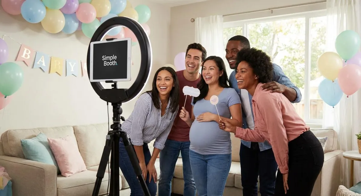 Corporate event attendees taking branded photo booth shots