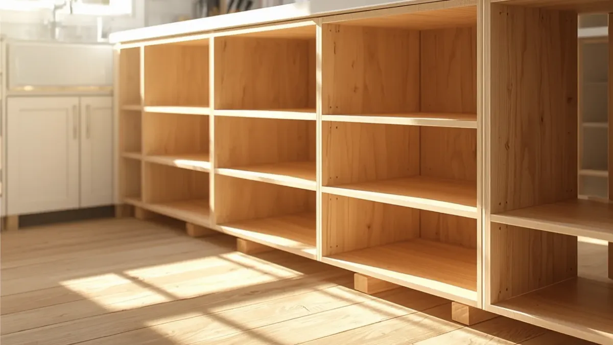 Cabinet installation displaying exposed cabinet construction and durable plywood box construction.