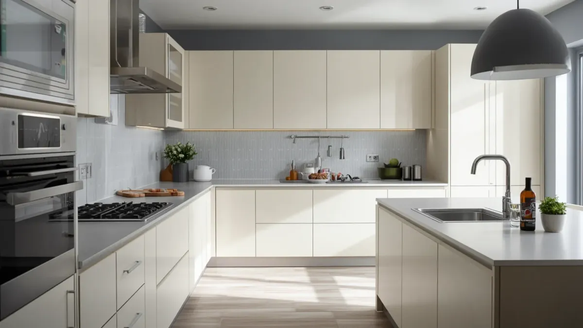Contemporary thermofoil cabinets with smooth surfaces and low-maintenance appearance.