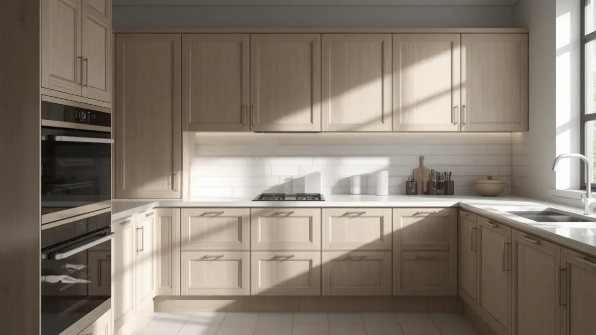 Smooth painted MDF cabinetry in a modern kitchen with flawless painted finish.
