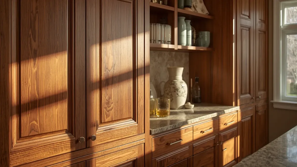 Natural hardwood cabinetry showcasing grain detail and premium craftsmanship.