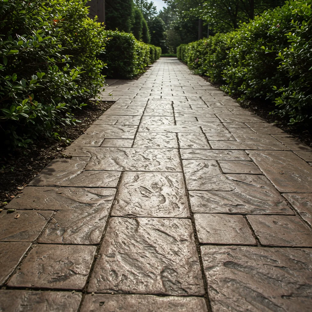 Decorative stamped concrete surface with stone-like texture and elegant finish.