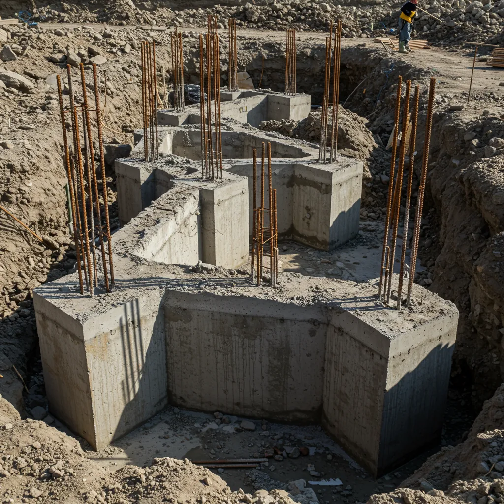 Concrete footings reinforced to provide a solid base for structural support.