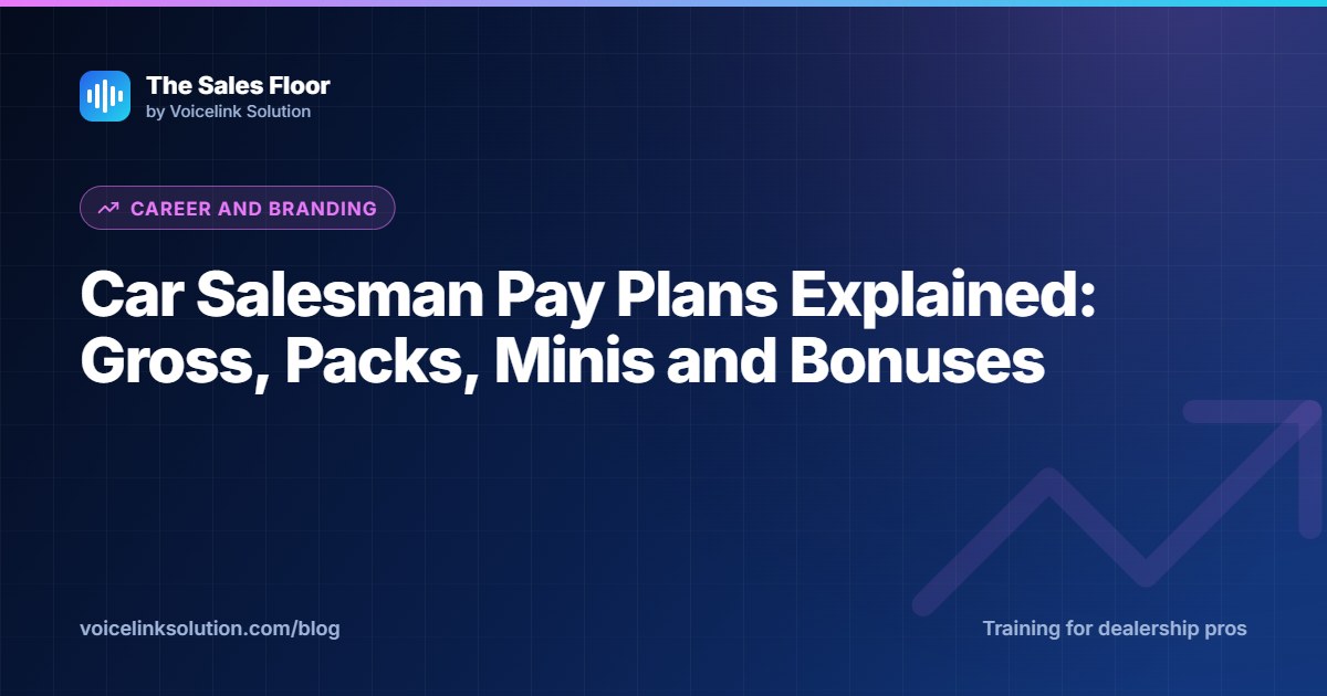 A car salesperson reviewing a commission pay plan and a stack of deal recap sheets at a desk.