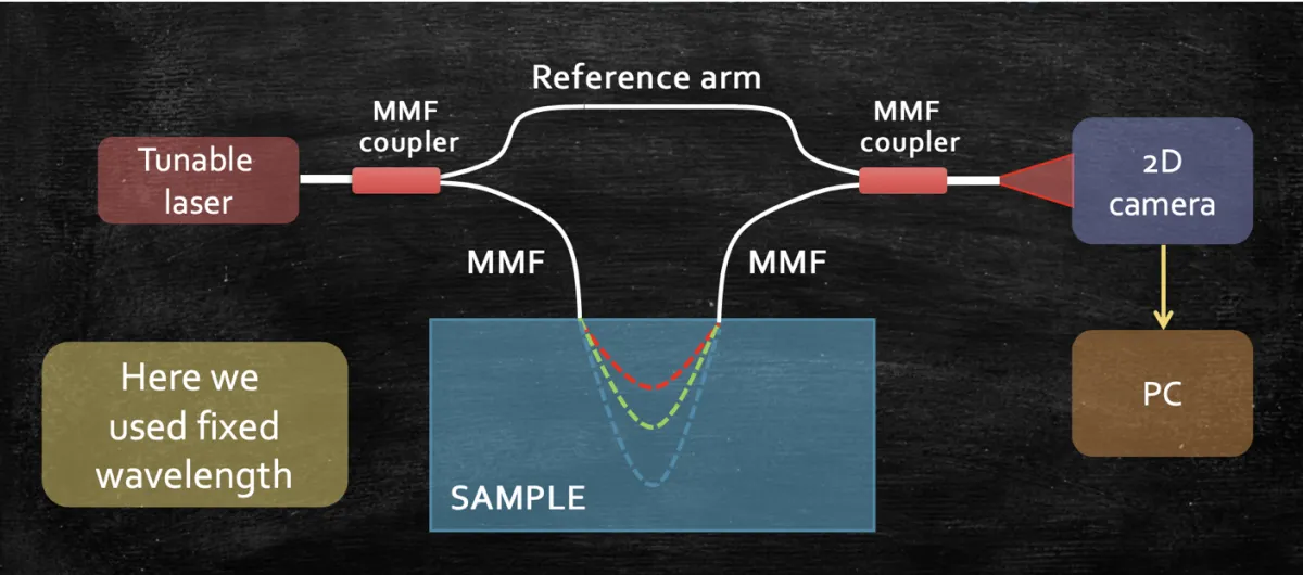 Parallel interferometric near infrared spectroscopy (πNIRS) can rapidly measure the two-dimensional, time-of-flight-resolved autocorrelation, G1(τs, τd) by parallel detection of the light remitted from the sample.  To this end, the spectral interference of the reference and the light scattered from the moving particles is recorded using the Mach-Zehnder interferometer with the tunable laser. The output of the interferometer is projected on the two-dimensional camera, whose pixels act as the individual detection channels.