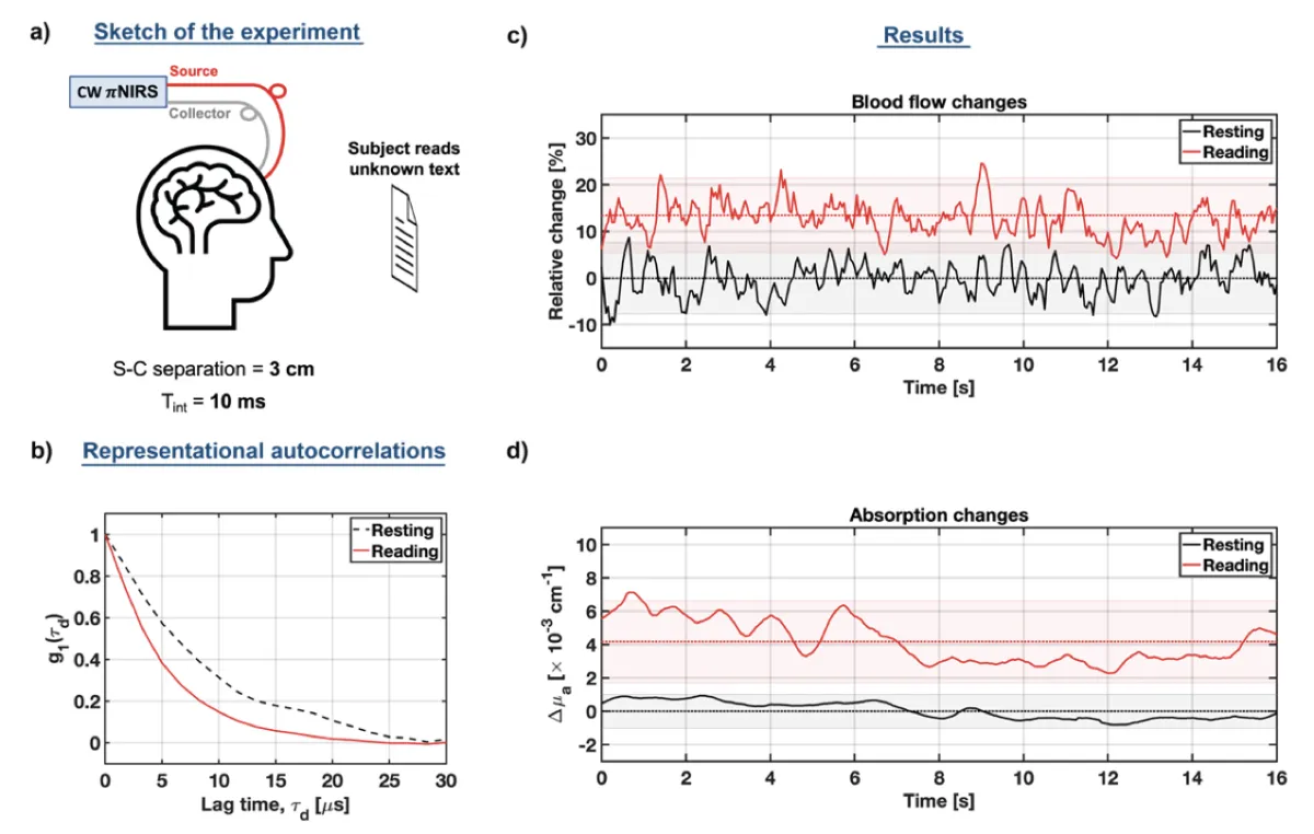 πNIRS monitors prefrontal cortex activation. (a) Schematic diagram of the experiment. (b) Representative autocorrelations (10 msec integration time) for the resting (baseline) and reading stage (activation). (c) Relative blood flow index and (d) relative absorption changes during the reading stage are compared to the resting stage, demonstrating the increase in blood flow and absorption during the prefrontal activation.