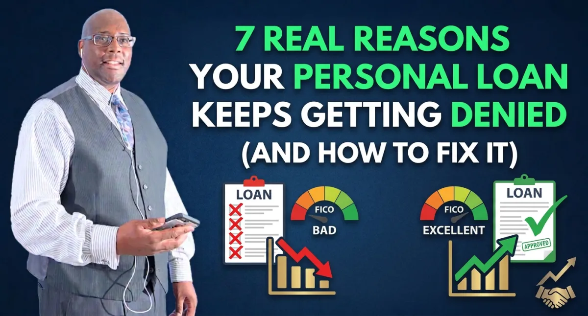 Person reviewing personal loan denial letter with income and credit score tips on screen