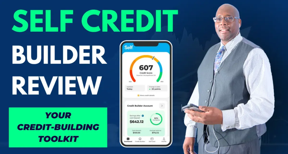 Self Credit Builder review showing credit score improvement dashboard on laptop screen