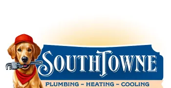 SouthTowne logo featuring a friendly dog holding a wrench, representing plumbing, heating, and cooling services in Centerville and Dayton, OH.