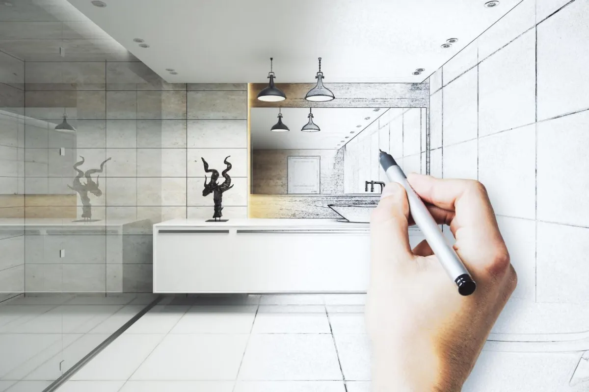 Modern bathroom corner with marble walls and ceiling light.