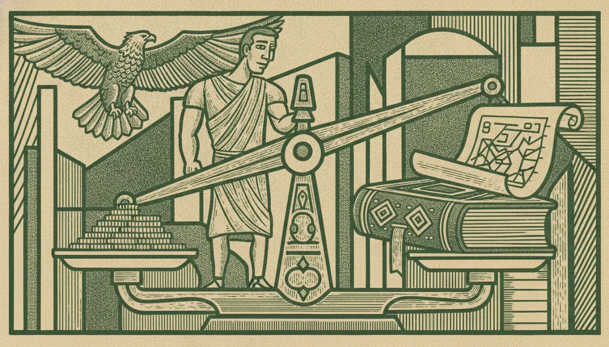 Woodcut illustration of a business owner weighing a stack of gold coins against a ledger and chart to represent the cost of financial leadership.