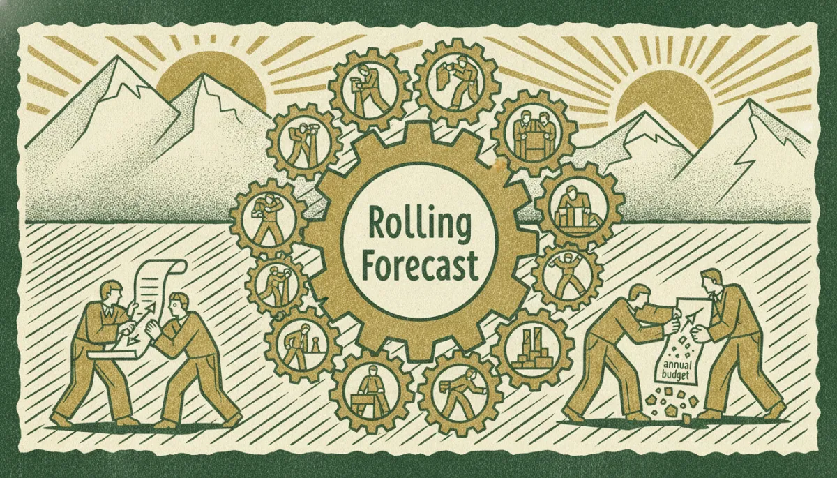 Woodcut illustration for The Rolling 12-Month Forecast That Replaces the Annual Budget.