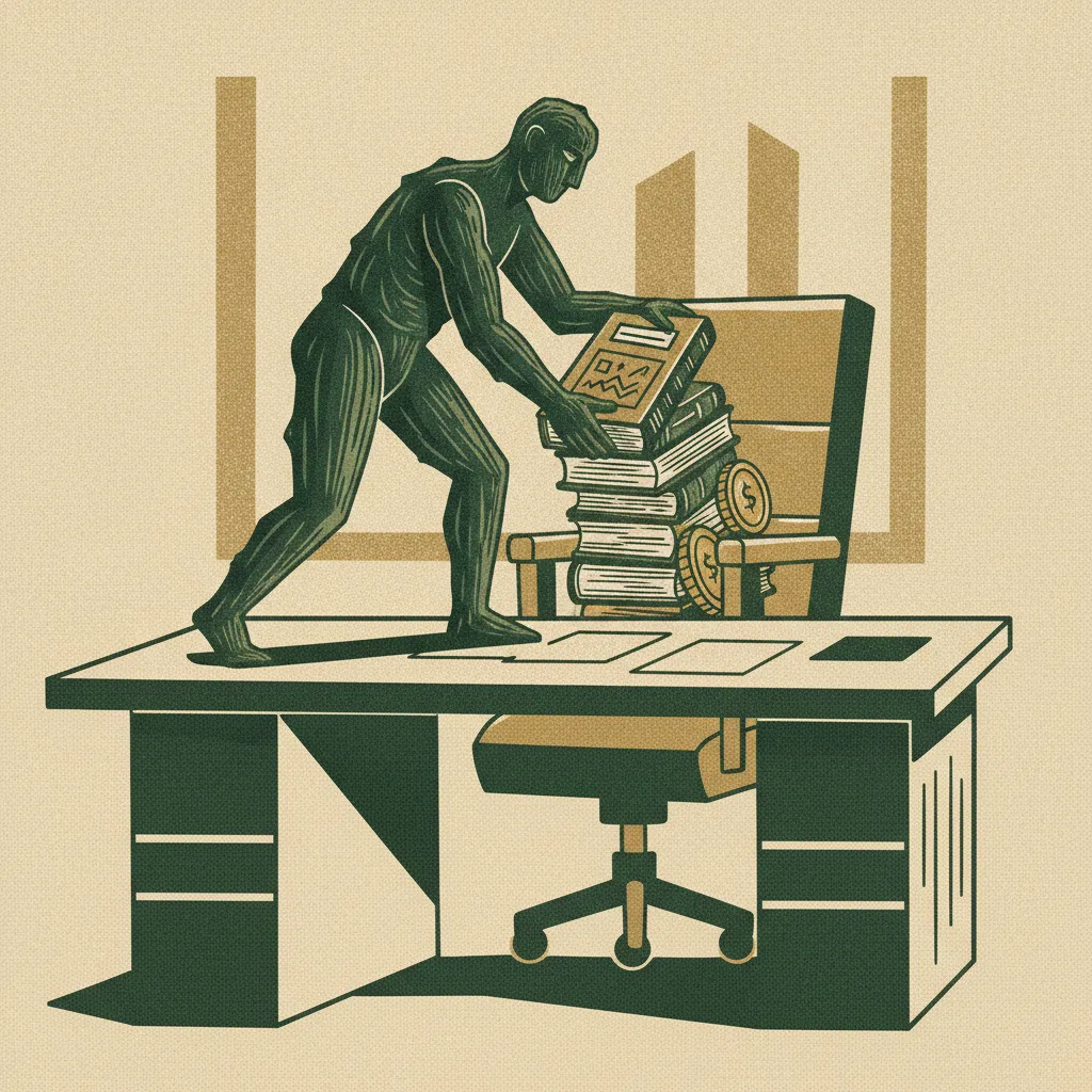 Woodcut illustration of an interim CFO stepping into an empty executive chair overnight to steady ledgers and coins left behind by a sudden departure.