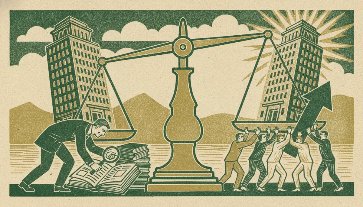 Woodcut of two identical company buildings on a balance scale, one weighed low by a private equity buyer and the other lifted high by a growth crowd, showing one company valued under two lenses.