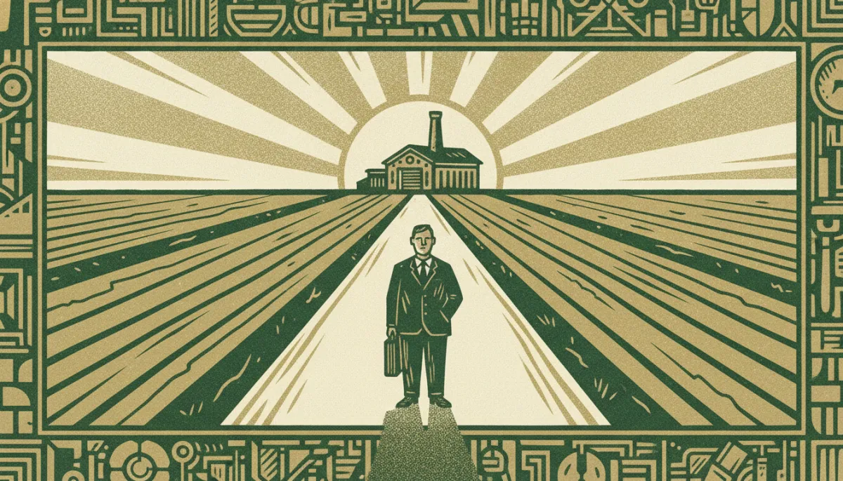 A carved business owner standing at the start of a long road across three tilled fields toward a bright depot at sunrise, a three-year path to a business sale.