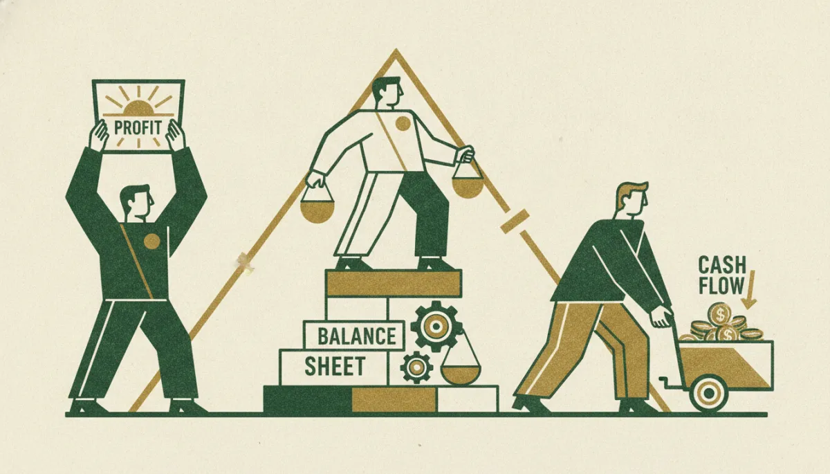 Woodcut illustration for The Three-Statement Model: Linking Profit, Balance Sheet, and Cash.
