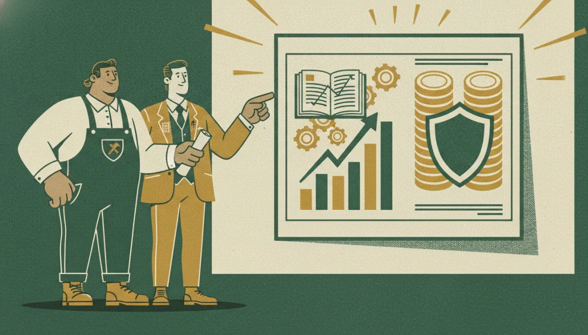 Woodcut illustration of a business owner and advisor studying a three-panel blueprint of a fractional CFO engagement framework.