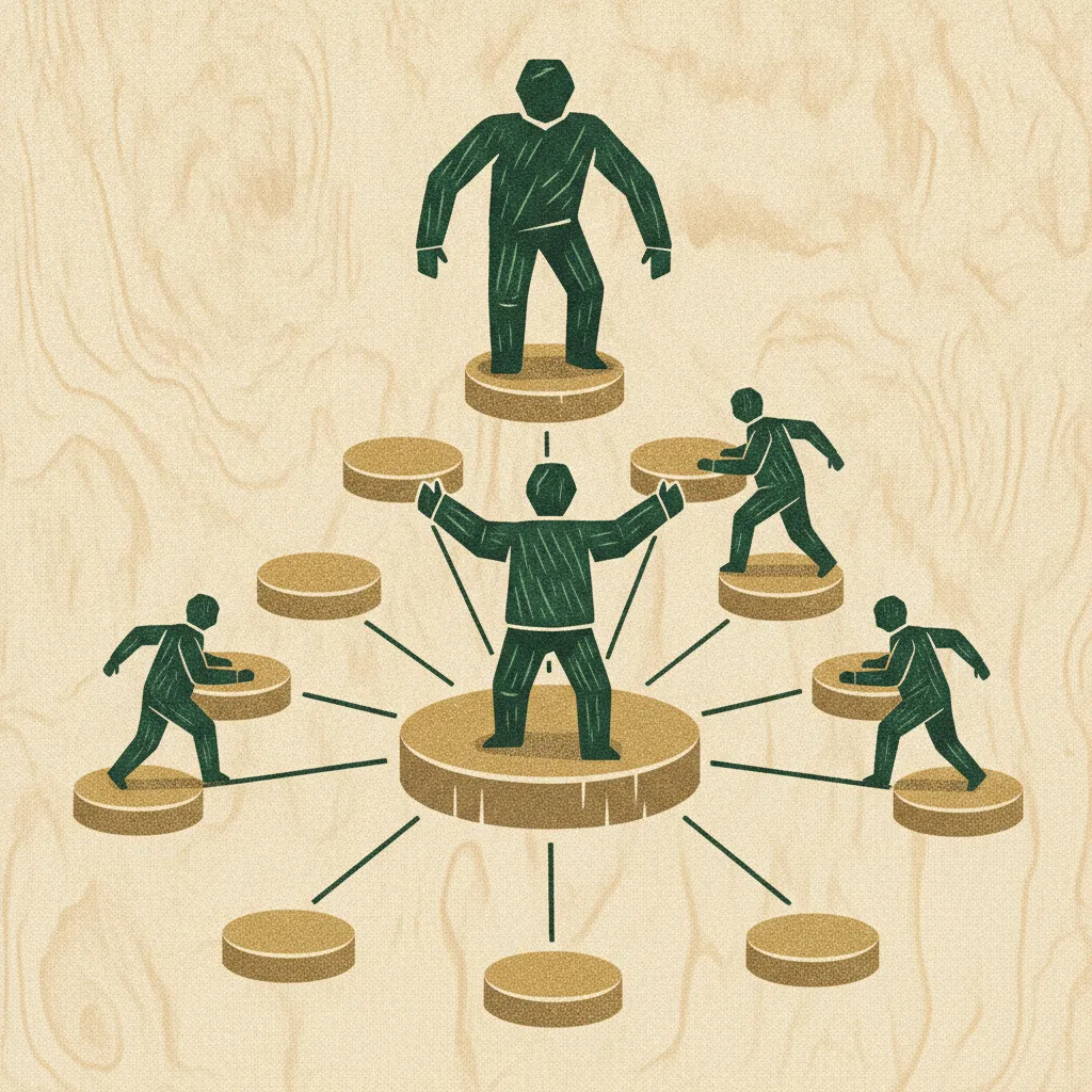 Woodcut illustration of an outsourced CFO advisor overseeing a growing finance team taking shape around a central organizational chart.