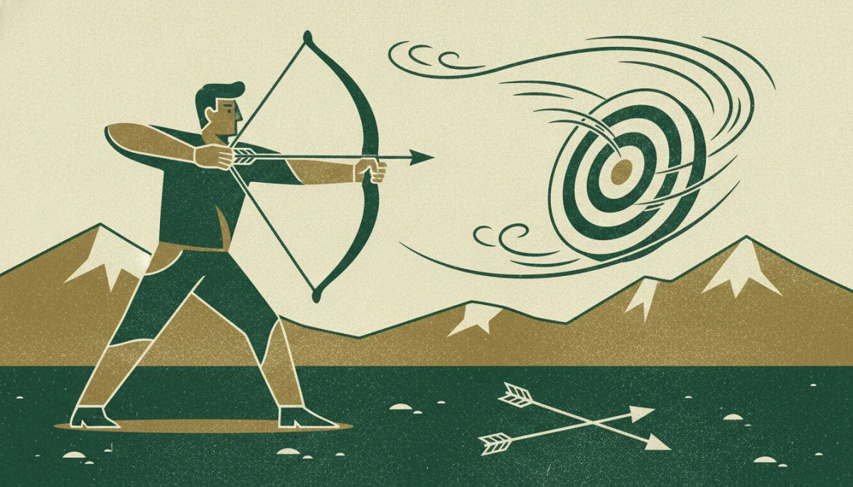 Woodcut of an archer aiming at a bullseye drifting in the wind with a compass and arrows nearby.
