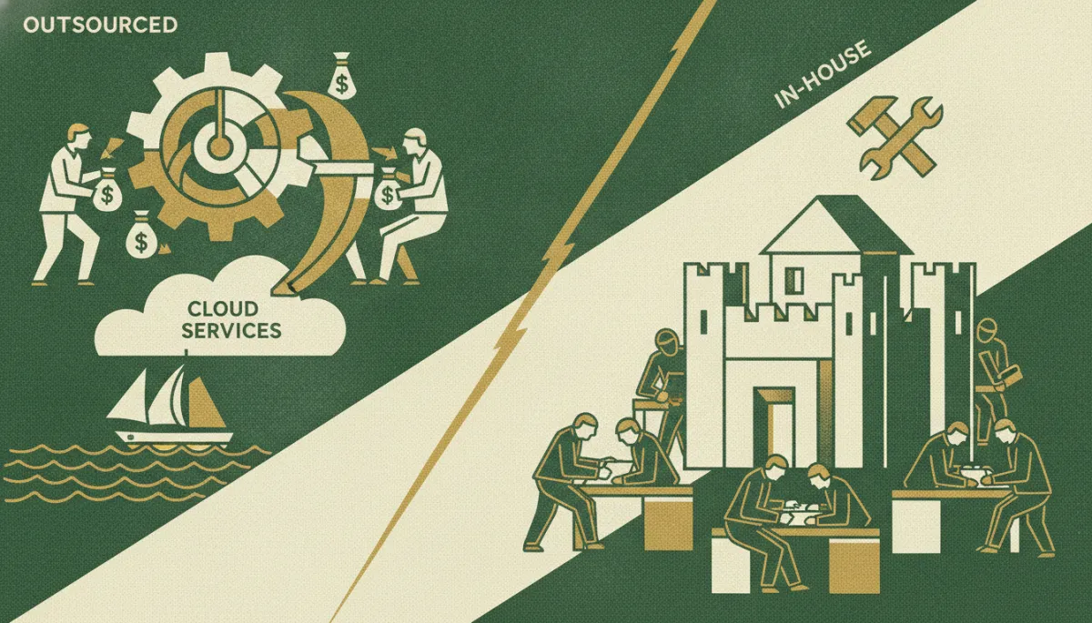 Woodcut illustration for Outsourced vs In-House Bookkeeping: The Real Trade-off.