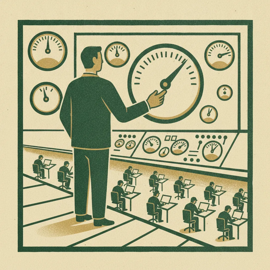 Woodcut illustration of an advisor overlooking a wide control panel of dials above a room of professional workers, showing a fractional CFO watching the metrics that predict profit.