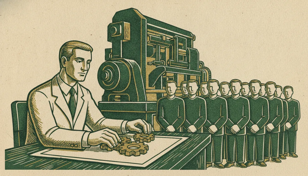 A carved executive steering a small efficient set of gears while a crowd of idle figures stands behind a larger unused machine, capability over headcount.