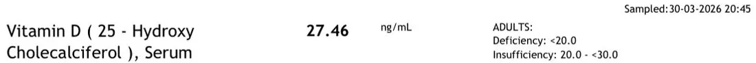 Lab report, Mar 30, 2026: vitamin D 27.46 ng/mL (insufficient)