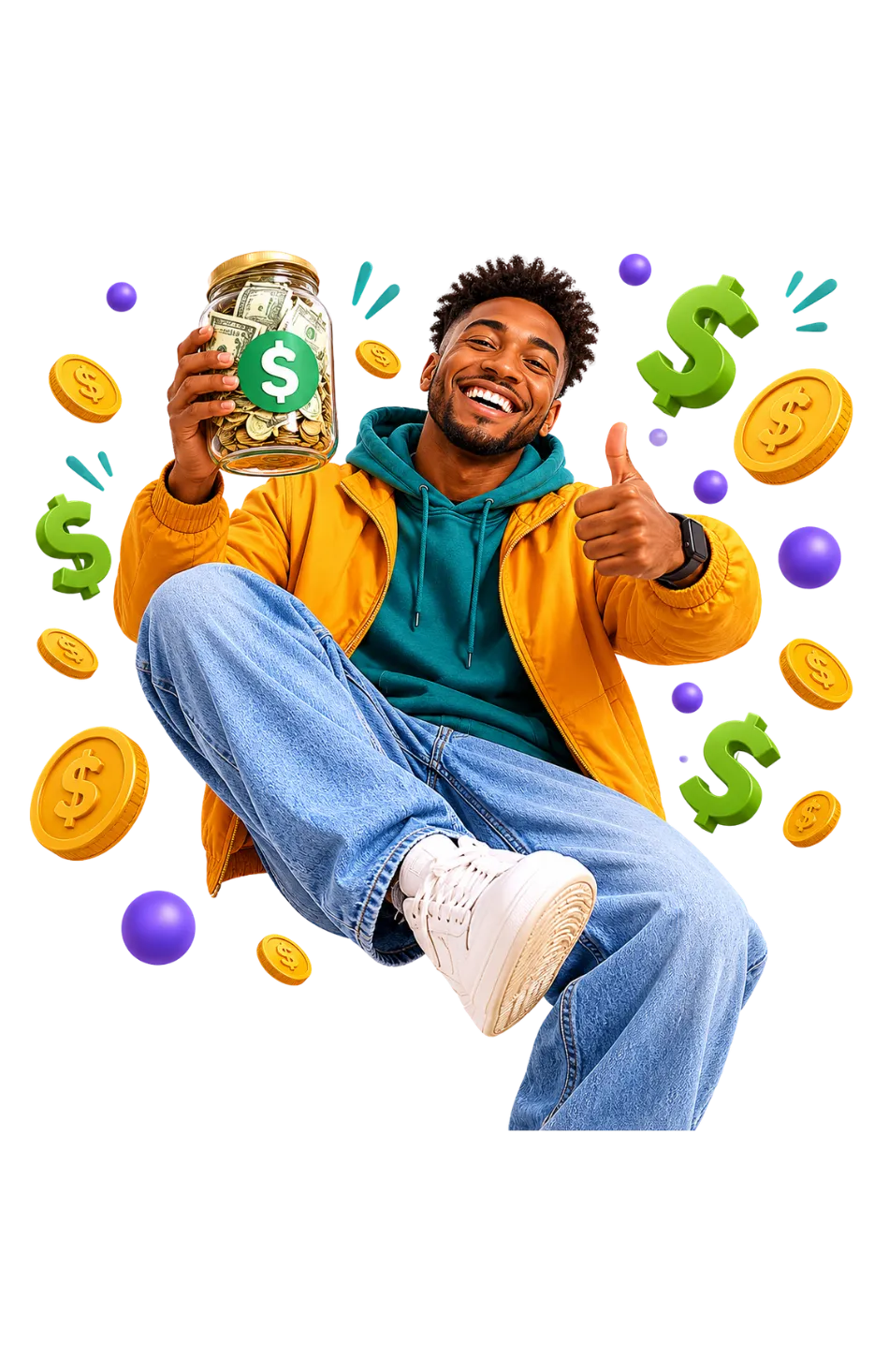 Joyful young adult celebrating with floating gold coins