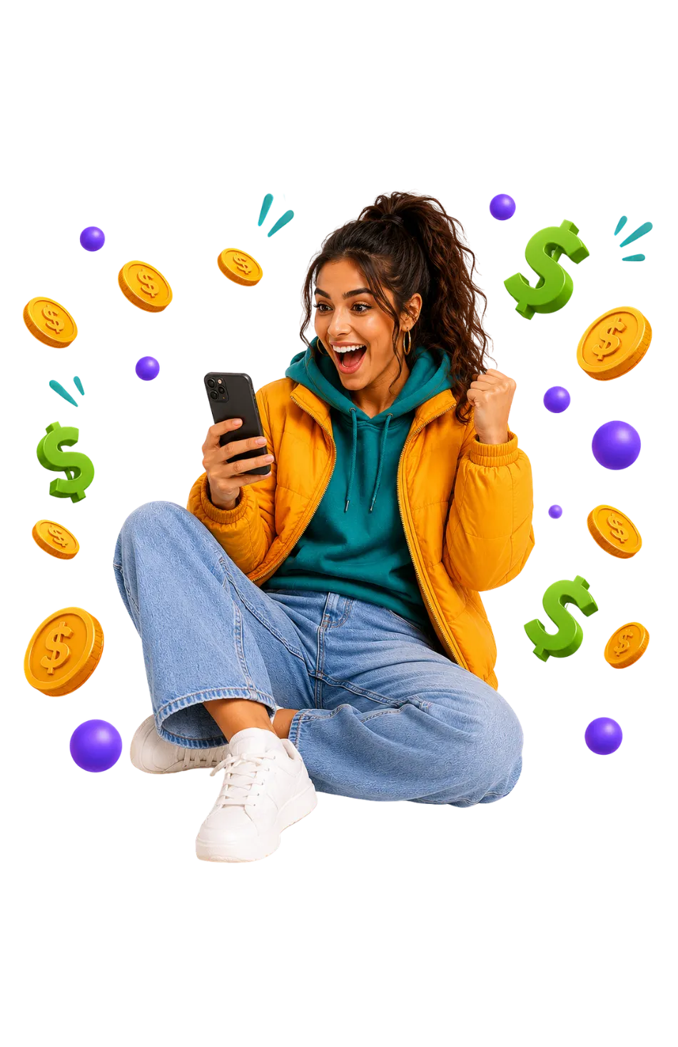 Joyful young adult celebrating with floating gold coins